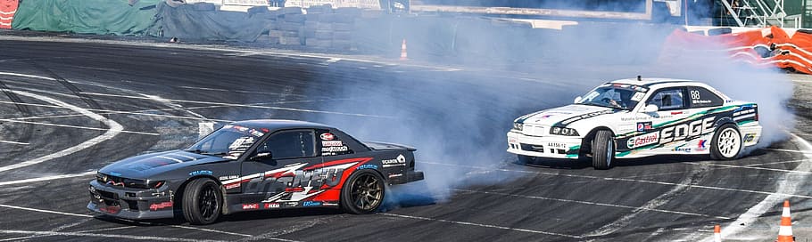 two drifting cars during daytime, sport, speed, spinning wheels HD wallpaper