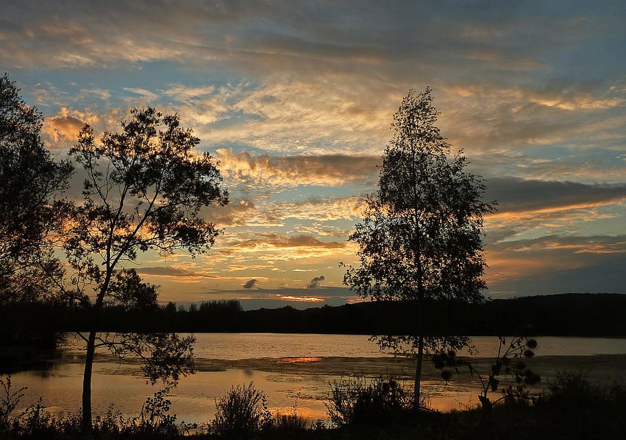 sunset, pond, nature, twilight, summer, landscape, water plan HD wallpaper