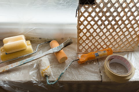 photo of paint brush, roller,s and tapes, renovate, painter working HD wallpaper