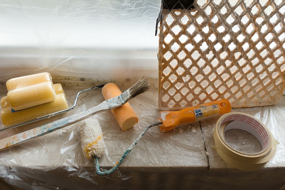 photo of paint brush, roller,s and tapes, renovate, painter working HD wallpaper