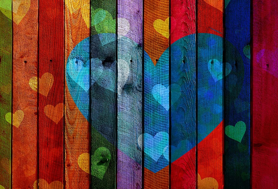red, blue, purple, and yellow heart illustration, love, wood