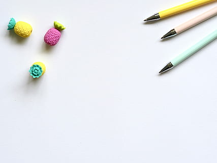 three ballpoint pens and pineapple miniatures, composition HD wallpaper