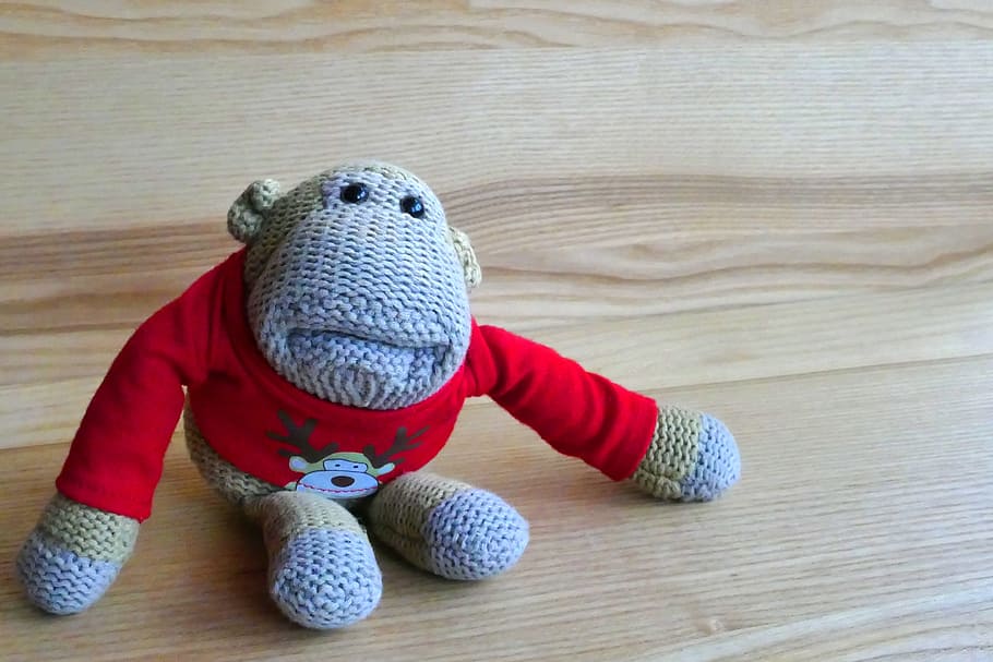 cute, monkey, toy, wear, play, stuffed toy, wooden surface, animal representation HD wallpaper