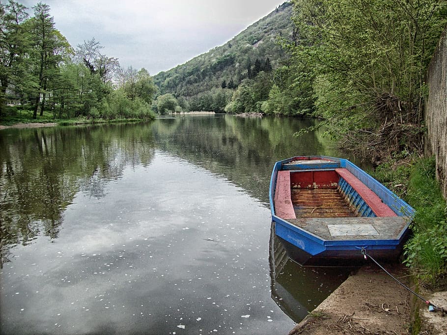 munster, germany, forest, trees, boat, river, water, hdr, reflections HD wallpaper