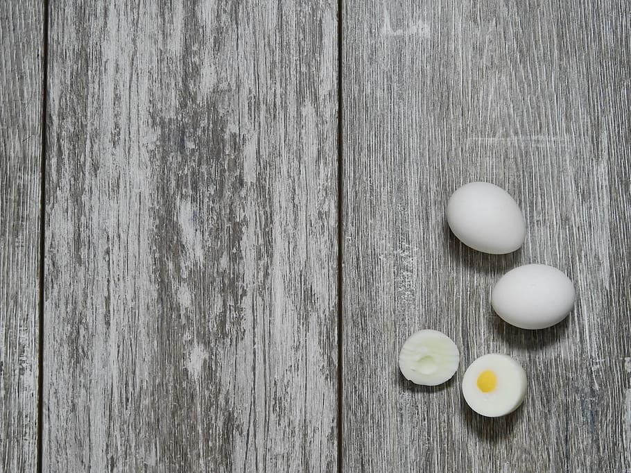 hard-boiled egg on gray wooden surface, eat, food, dine, breakfast, HD wallpaper