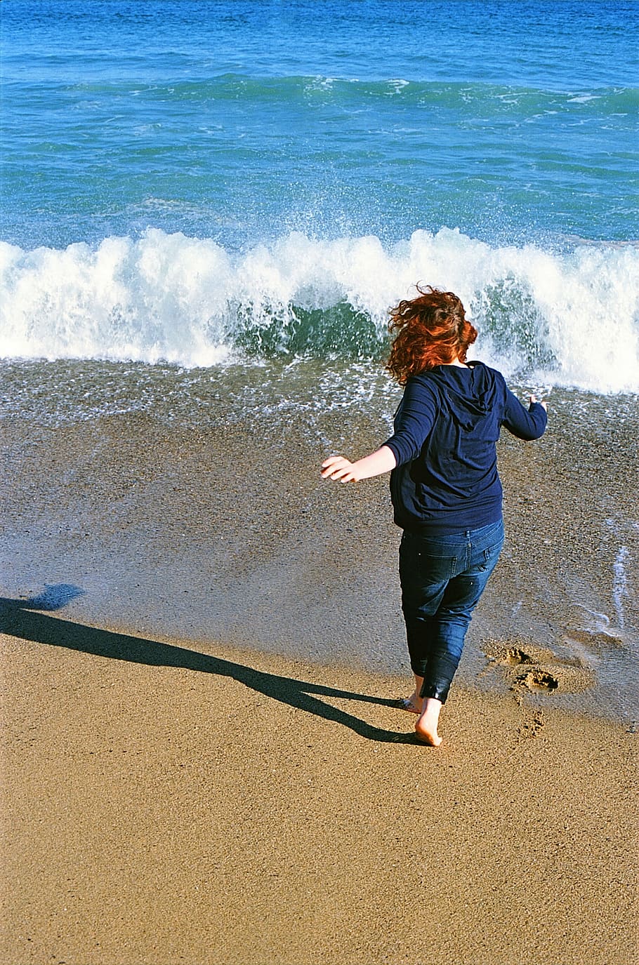 woman standing near seashore, run, joy, beach, sand, ocean HD wallpaper