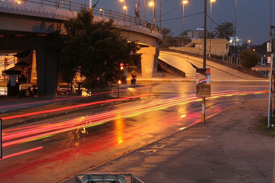 city, life, light, urban, night, street, baghdad, iraq, light trail