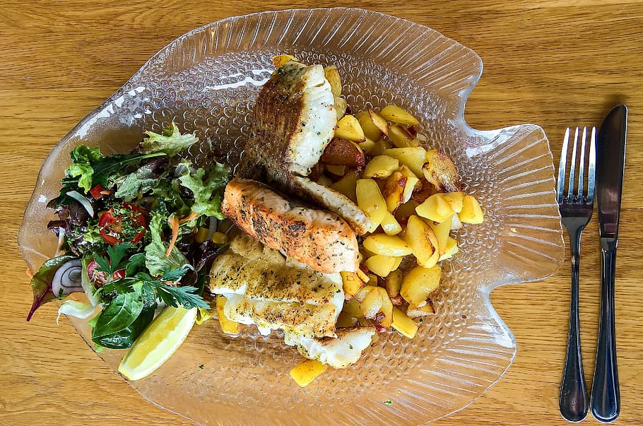 fish plate, cable outer diameter can, salmon, halibut, fried HD wallpaper