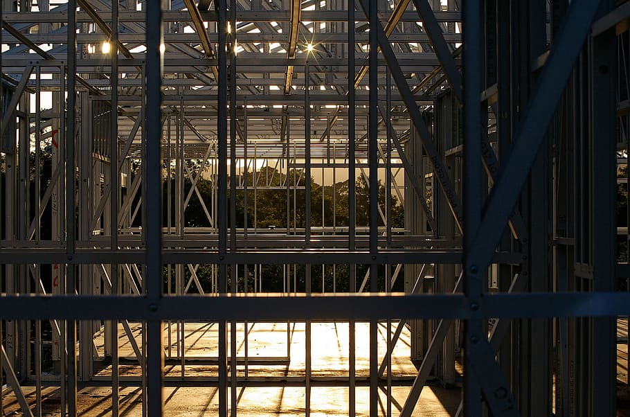 gray metal beams building layout, Steel Frame, Sunset, Geometric HD wallpaper