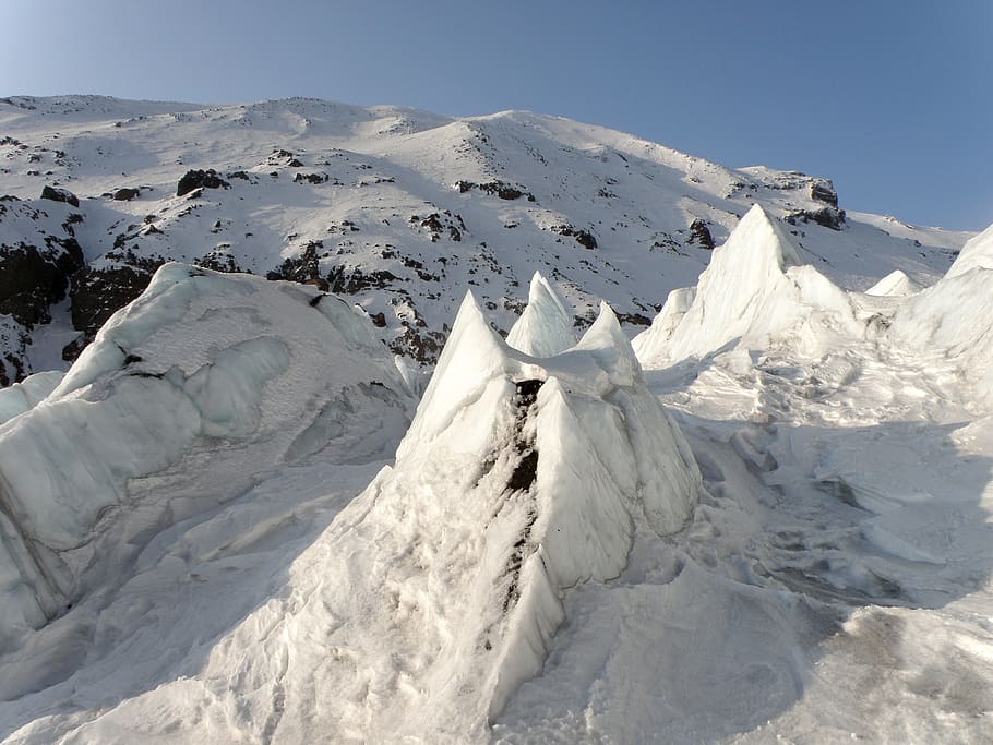 glacier, volcano, blocks, kamchatka, kozelsky volcano, pass HD wallpaper