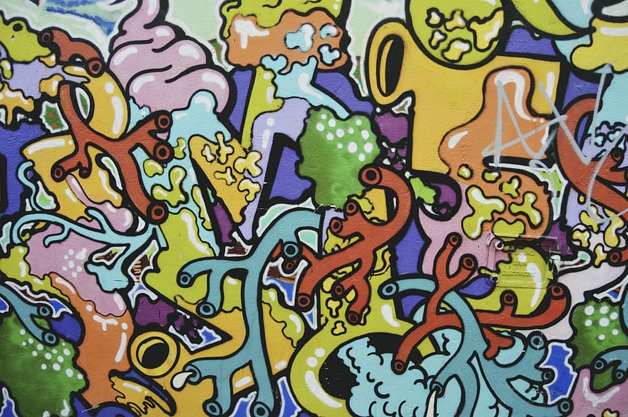multicolored abstract wall art, graffiti, public, backgrounds HD wallpaper