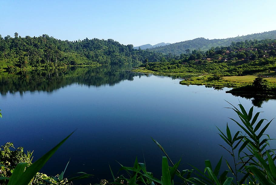hill and lake under blue sky during daytime, nature, water, landscape HD wallpaper