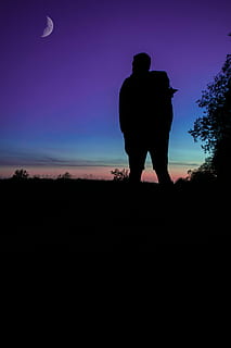 silhouette of person on grass, untitled, moon, sky, couple, sillouette HD wallpaper