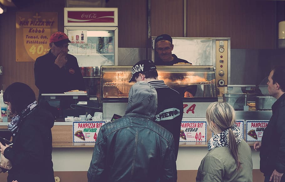 Junk Food Missionaries, people standing in front of food stall HD wallpaper