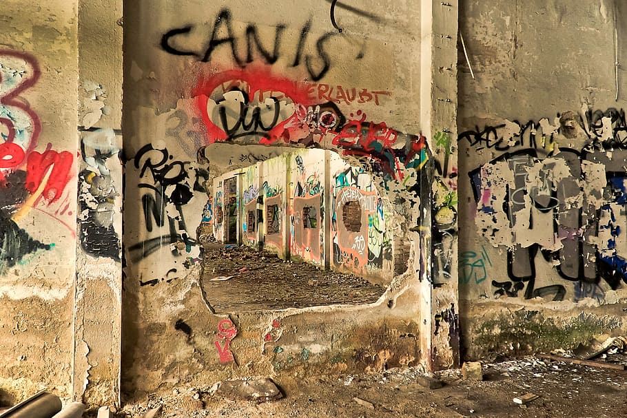 graffiti art on concrete wall, lost places, old, decay, ruin