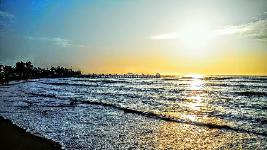 sunset, huanchaco, costa, mar, sol, beach, peru, north coast peru HD wallpaper