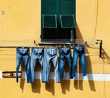 five blue denim jeans hanged on grey cable near window, five blue denim pants hanging HD wallpaper