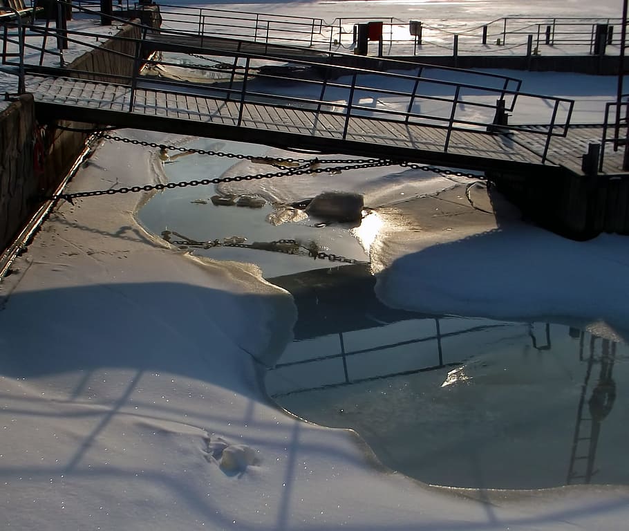 light, reflection, pier, water, ice, snow, winter, helsinki HD wallpaper