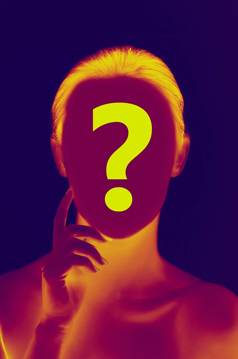 question mark on person's face, woman, head, circle, identity