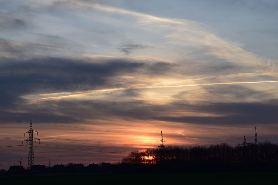 sky, sunset, clouds, cloud - sky, technology, electricity pylon HD wallpaper