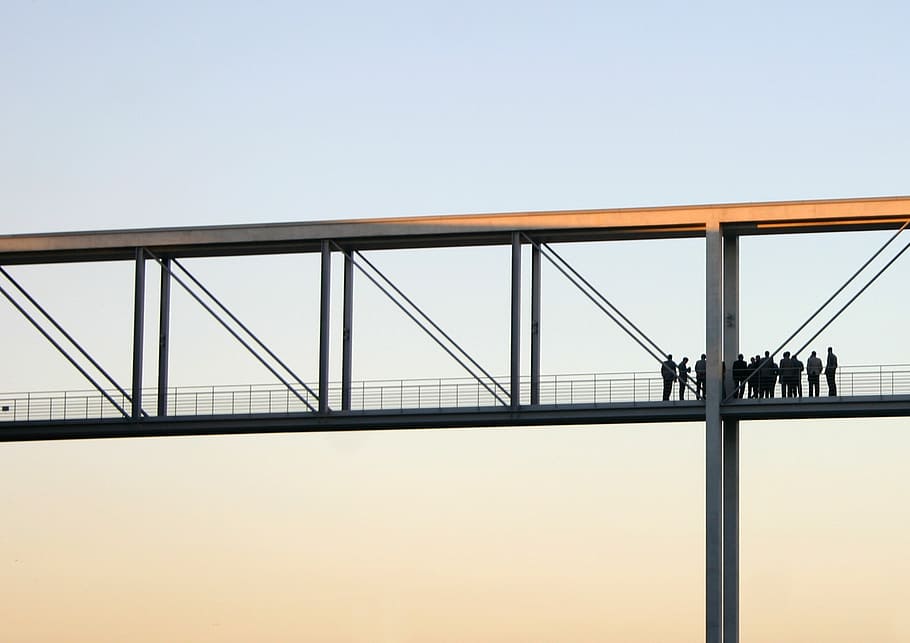 people standing on bridge, connection, water, transport, traffic HD wallpaper