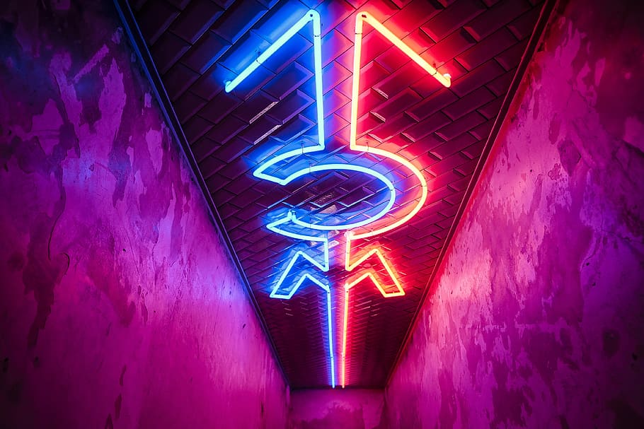 red and blue neon signage, light, glow, tube, wall, bright, colorful