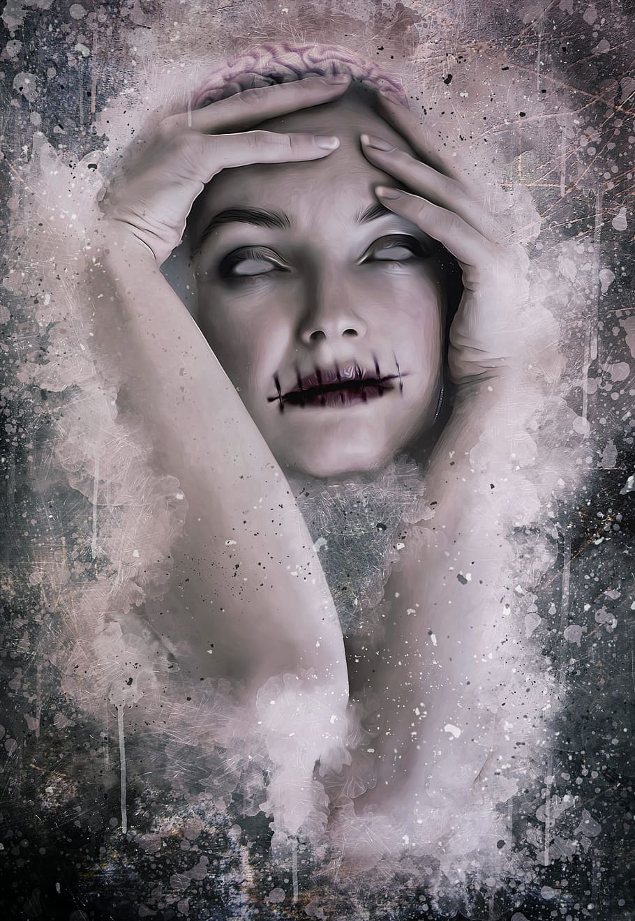 person with sewed lips illustration, horror, macabre, dark, gothic