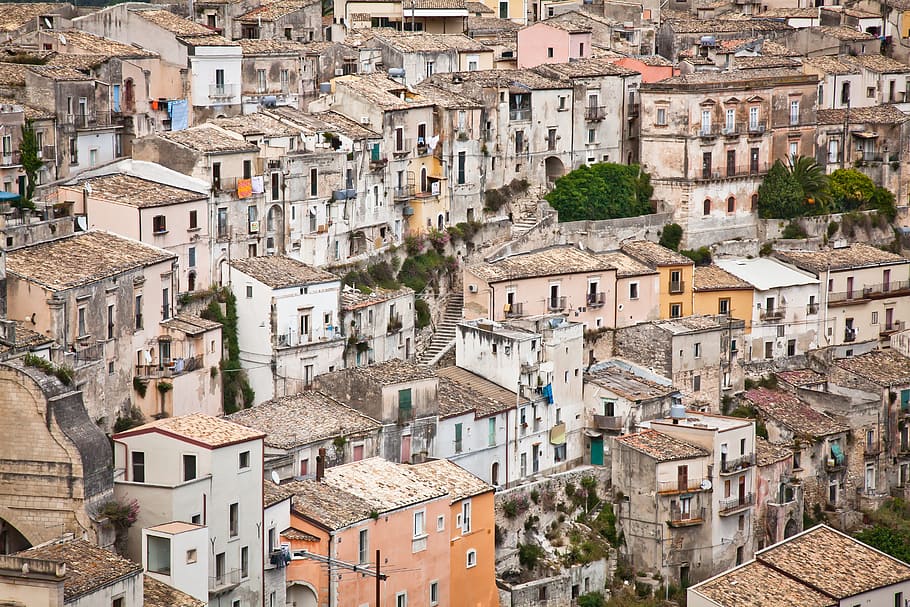 arial view of houses, italy, sicily, ragusa, ragusa ibla, landscape