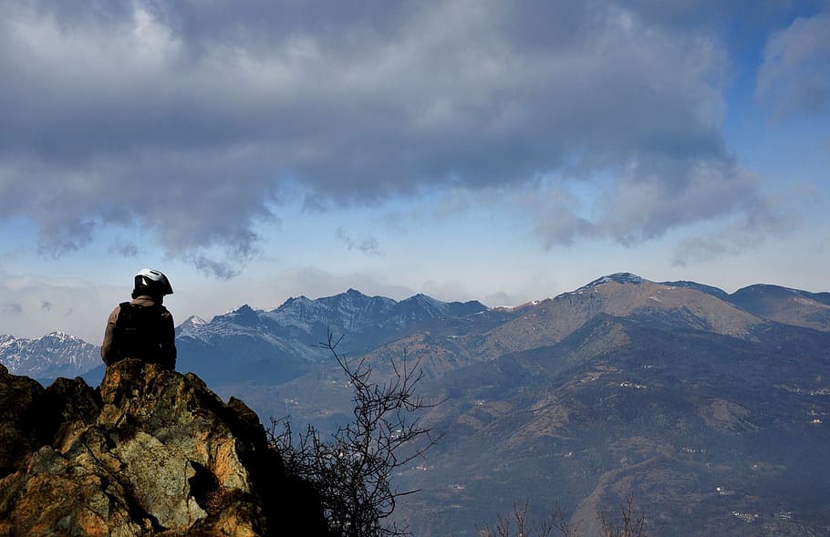 mountain, guy, sky, landscape, cyclist, mountain range, cloud - sky HD wallpaper