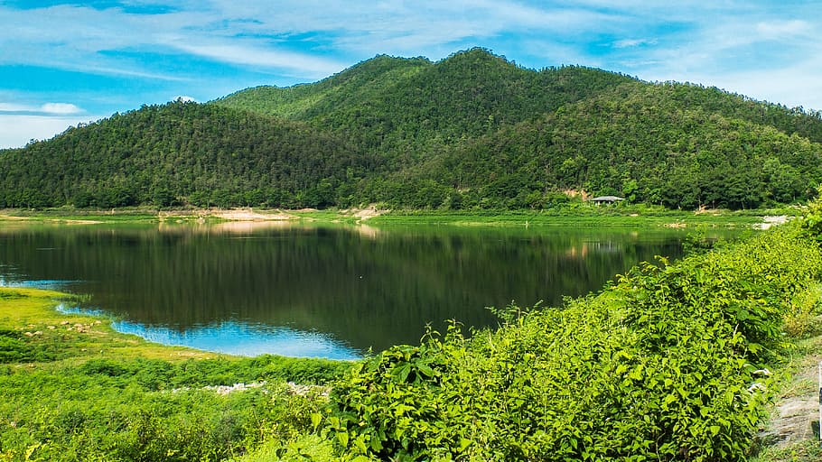 lake in the middle of mountains during daytime, landscape, north thailand