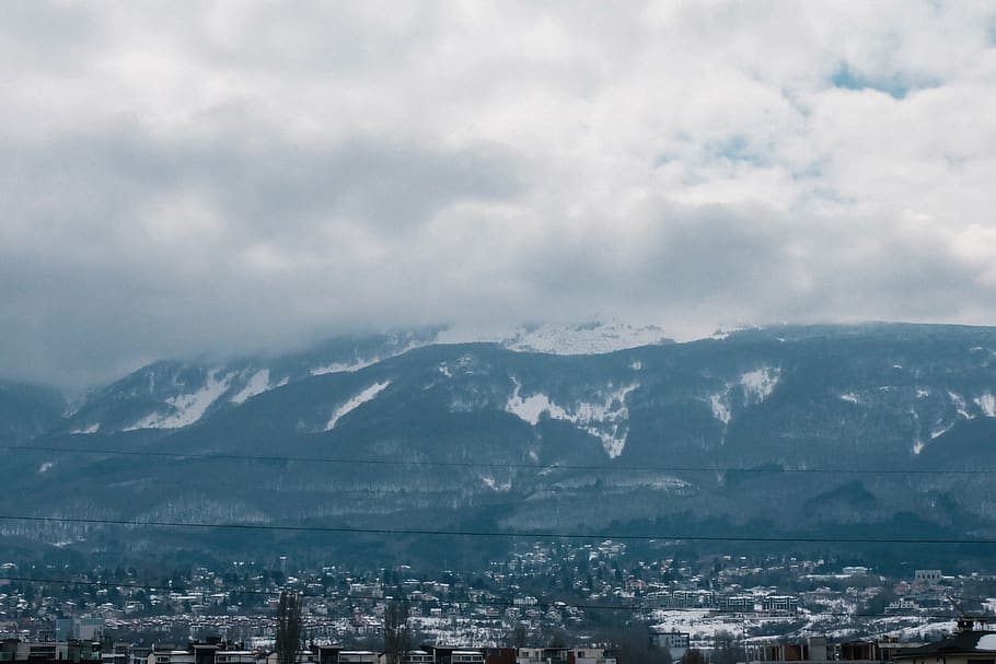 mountains, city, snow, cloudy, clouds, landscape, cloud - sky HD wallpaper