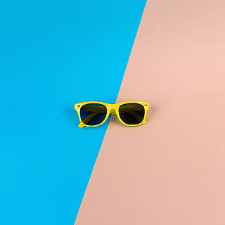 yellow sunglasses on brown surface, summer, objects, colored background HD wallpaper