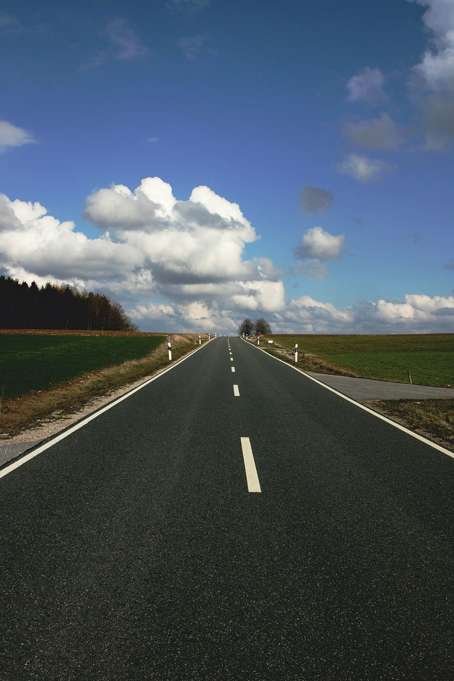 road, clouds, away, landscape, asphalt, distant, structure HD wallpaper