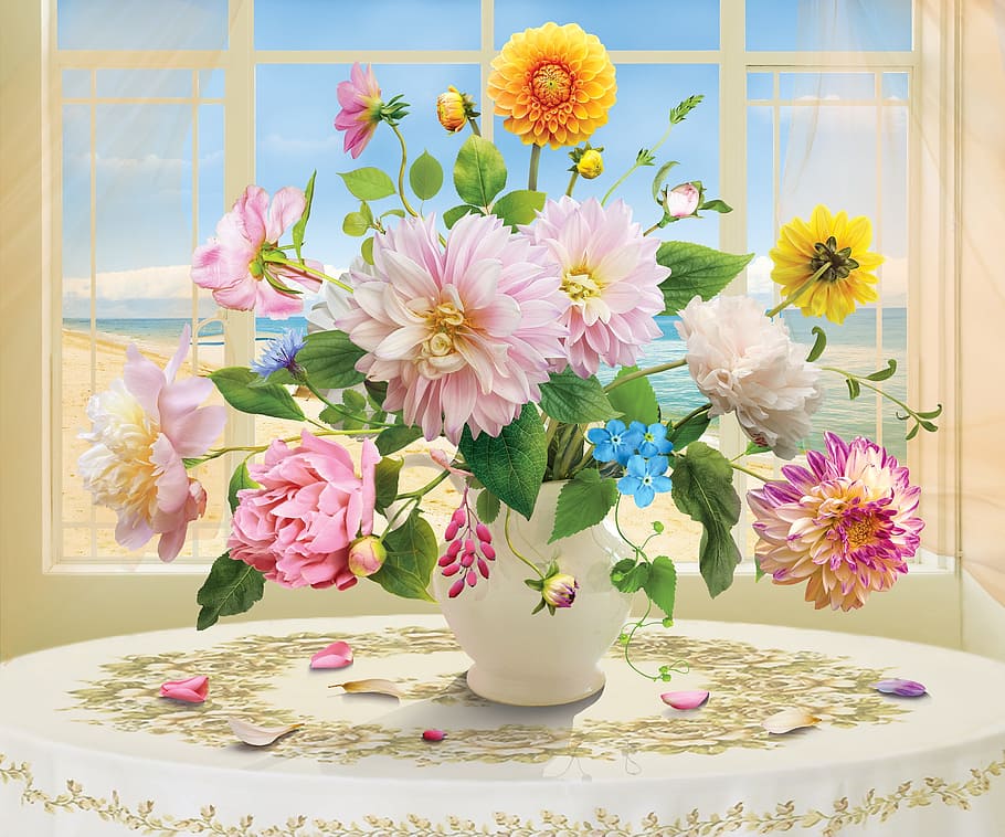 pink and yellow flower arrangement, vase, bouquet, plant, floral still life