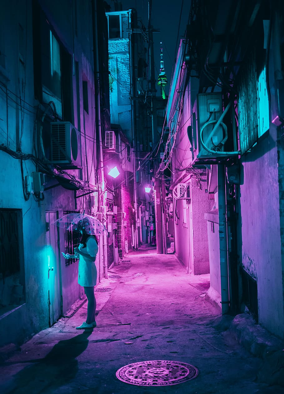 Cyberpunk Seoul, woman holding umbrella standing beside building