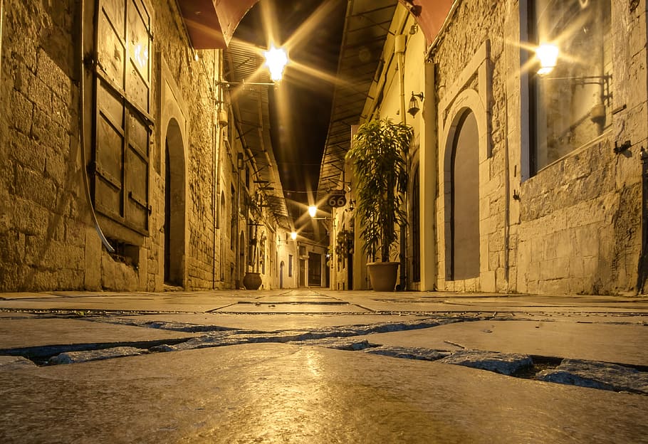 white patio lamp, gallery, path, district, road, night, greece HD wallpaper