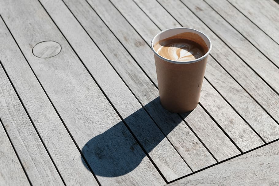 cappuccino on grey wooden planks at daytime, brown disposable cup HD wallpaper