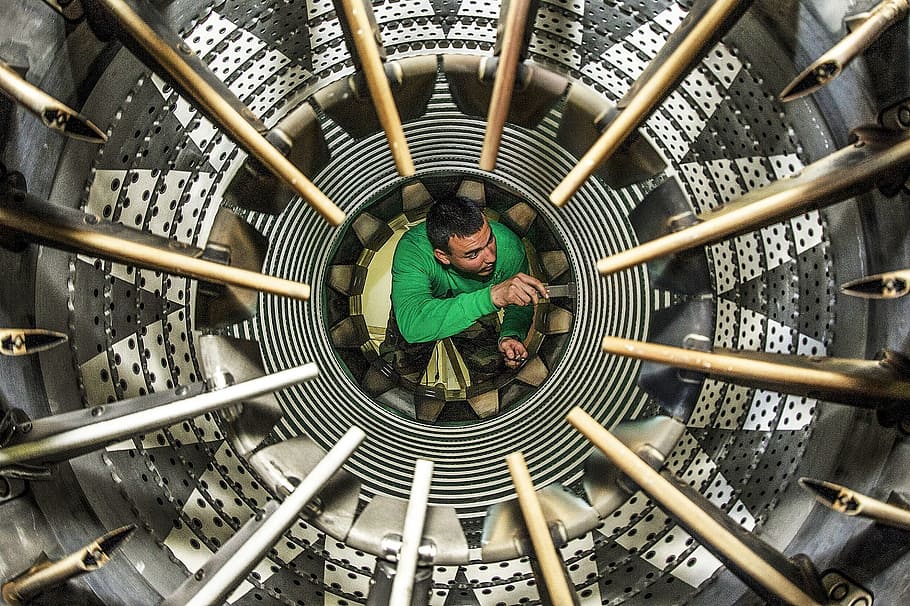 man wearing green sweater, afterburner inspection, machinery HD wallpaper