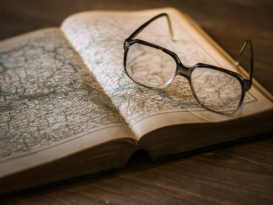eyeglass on open book, knowledge, library, glasses, textbook, HD wallpaper