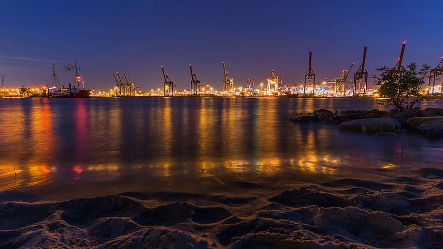 hamburg, elbe, lights, evening, long exposure, river, elbe beach HD wallpaper