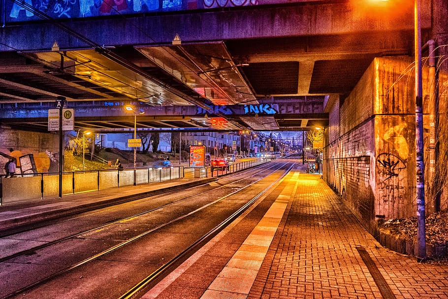 Road, Graffiti, Tram, Stop, Art, Wall, underpass, mural, evening HD wallpaper