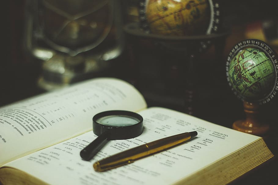 book, fountain pen, globe, magnifying glass, office, research