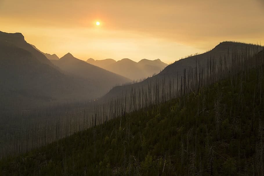 sunset, mountains, landscape, evening, sky, peaks, haze, mist HD wallpaper