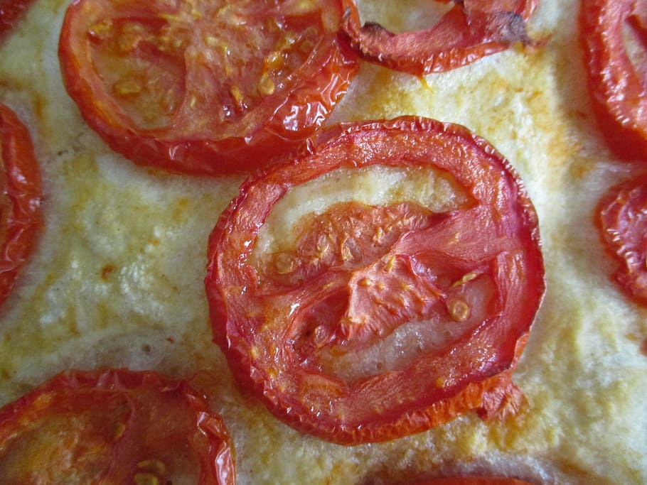 focaccia, pizza, tomatoes, bread, food, cheese, mozzarella HD wallpaper