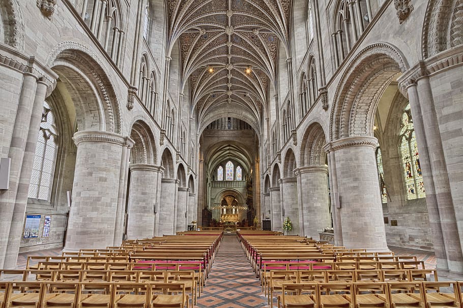 gray cathedral, aisle, altar, arch, architecture, building HD wallpaper