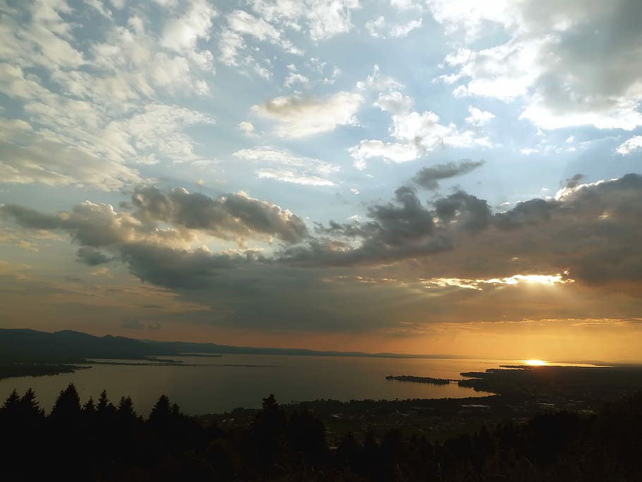Cloudy, Dark, Lake, Lake Constance, sky, sunbeam, orange, lindau HD wallpaper