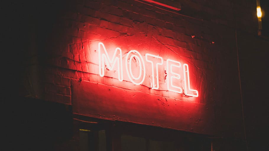 red Motel neon sign, lighted MOTEL signage at night time, lights, HD wallpaper