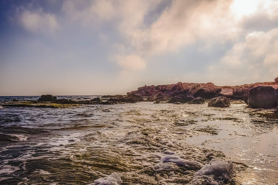 Sea, Clouds, Landscape, rocky coast, sky, summer, nature, sunlight HD wallpaper