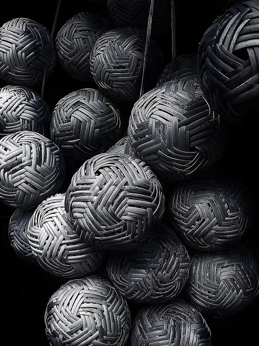 grayscale photo of round brown rattan ball, spheres, plot, bamboo HD wallpaper