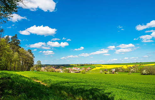 Spring, Landscape, Meadow, Fields, village, germany, trail HD wallpaper